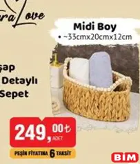 NATURALOVE AHŞAP BONCUK DETAYLI HASIR SEPET MİDİ BOY